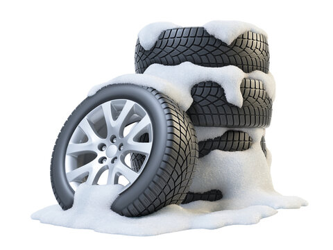 Set of car winter tyres snow covered in snowdrift isolated on white background 3D