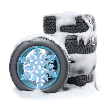 Car wheels in the form of snowflakes, snow tires covered with snow in a snowdrift isolated on a white background 3D