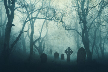A horror concept of a spooky graveyard in a scary forest in winter, with the trees silhouetted by...