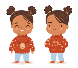 Cute african girl in ugle Christmas sweater. Cute vector cartoon character.