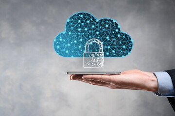 Cloud technology. Polygonal wireframe cloud storage sign with padlock on dark blue. Cloud...