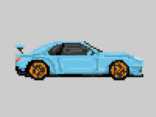 Illustration of blue street race car in pixel art style