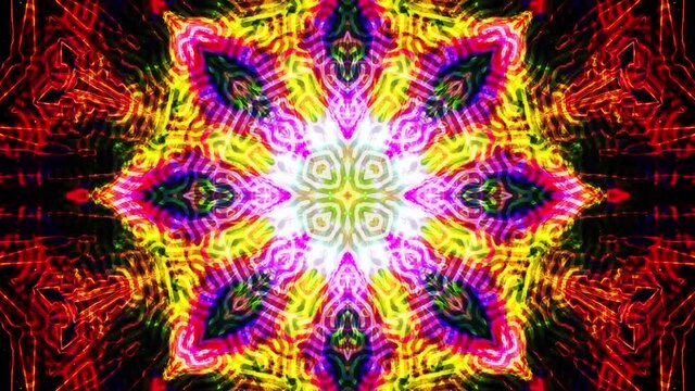 fractal kaleidoscope, psychedelic mandala loop. Trippy abstract motion graphics for veejay, event, vj shows, an advertisement.	