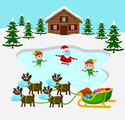 Cute cartoon style illustration of ice skating Santa Claus and elves wearing face masks