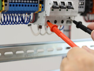 Measurement of electrical parameters using a multimeter in an electrical panel.