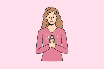 Thankfulness and good attitude concept. Young smiling female wearing red jacket standing with crossed hands on breast feeling thankful vector illustration 
