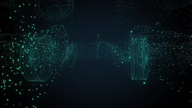 3d hologram of electric and intelligent car. Concept of smart vehicles, particle or links generating chassis and wheels. Artificial intelligence driving software. Driverless autonomous vehicle.