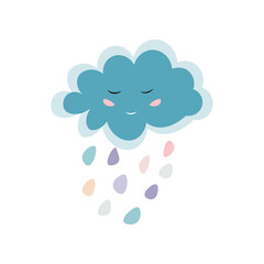 Childish cute character cloud with drops, simple flat illustration in color