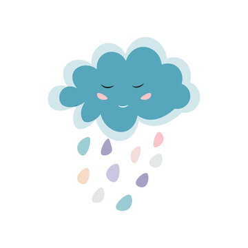 Childish cute character cloud with drops, simple flat illustration in color