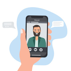 A hand with a smartphone and a person on the screen. Communicating in social networks and messengers via video call. Mobile applications and Internet technology. flat vector
