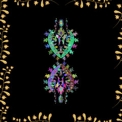 Seamless pattern with interesting doodles on colorfil background. Raster illustration.