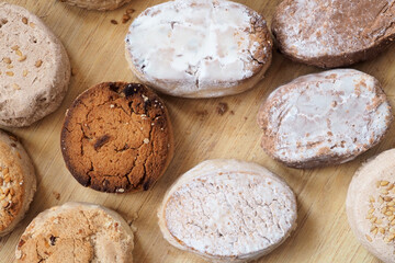 Spanish cookies for a treat for Christmas. Estepas, Polvorones, Mantecados, Nevaditos. View from above.