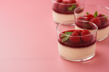 Italian dairy dessert panna cotta with raspberry jam, fresh raspberries and mint on pink surface, copy space