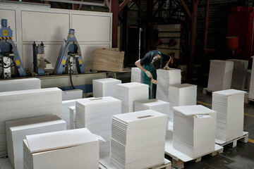 Blanks for wooden furniture at the factory. Joiner's shop. Wooden blanks for furniture. Industrial production of furniture. Furniture workshop.