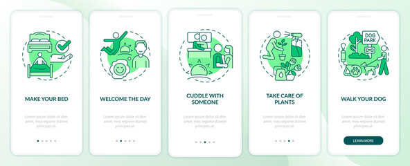 Everyday routine tips green onboarding mobile app screen. Starting day walkthrough 5 steps graphic instructions pages with linear concepts. UI, UX, GUI template. Myriad Pro-Bold, Regular fonts used