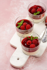 Italian dairy dessert panna cotta with raspberry jam, fresh raspberries and mint on marble board on pink surface, copy space