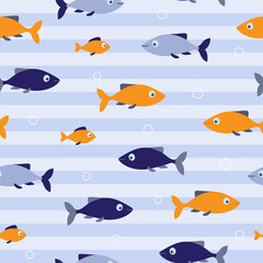 Blue and orange fishes seamless pattern on striped blue background. Good for textile, paper, background, scrapbooking.
