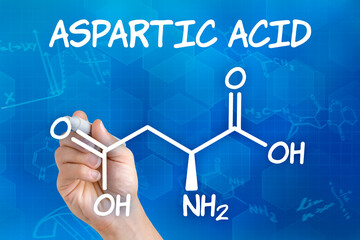 Hand with pen drawing the chemical formula of aspartic acid