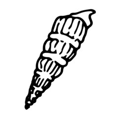 spiral seashell icon. hand-drawn in the style of doodles, a long spiral shape isolated black outline on white for a summer design template