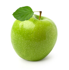 fresh green apple fruit with leaves isolated on white background, single.