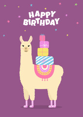 Happy birthday greeting card with cute llama. Funny alpaca with birthday gifts. Template for nursery design, poster, birthday card, invitation, baby shower and party decor.
