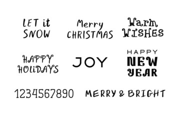 Christmas and New Year text set, hand lettering phrases template, greetings and wishes inscription, black on white