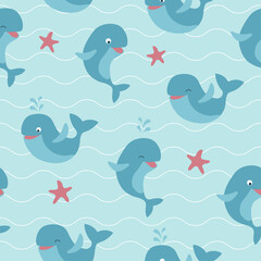 Seamless pattern of cute whales and starfish with waves on blue background