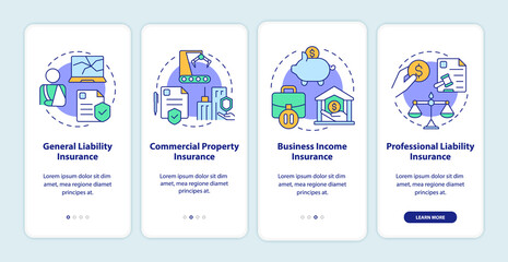 Insurance types onboarding mobile app screen. Coverage walkthrough 4 steps graphic instructions pages with linear concepts. UI, UX, GUI template. Myriad Pro-Bold, Regular fonts used