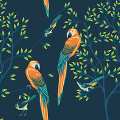 Tropical vintage macaw parrot, bird, trees floral seamless pattern blue background. Exotic jungle wallpaper.
