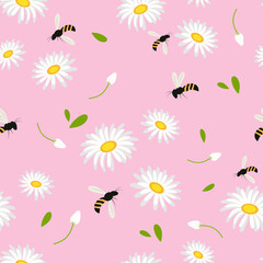 Fototapeta na wymiar Seamless pattern of chamomile, daisy, with fly bee on a pink background.Wild wasps in a flower meadow.