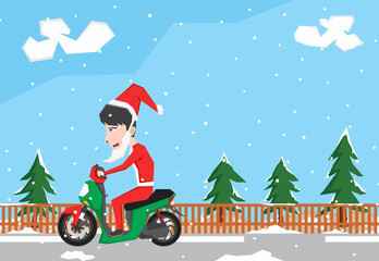 An illustration of a man with Santa Claus costume riding scooter in the snowy road