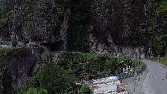Aerial view of the most dangerous highway NH22 that connects Shimla to Spiti via Kinnaur. The narrow road with a steep valley on one side