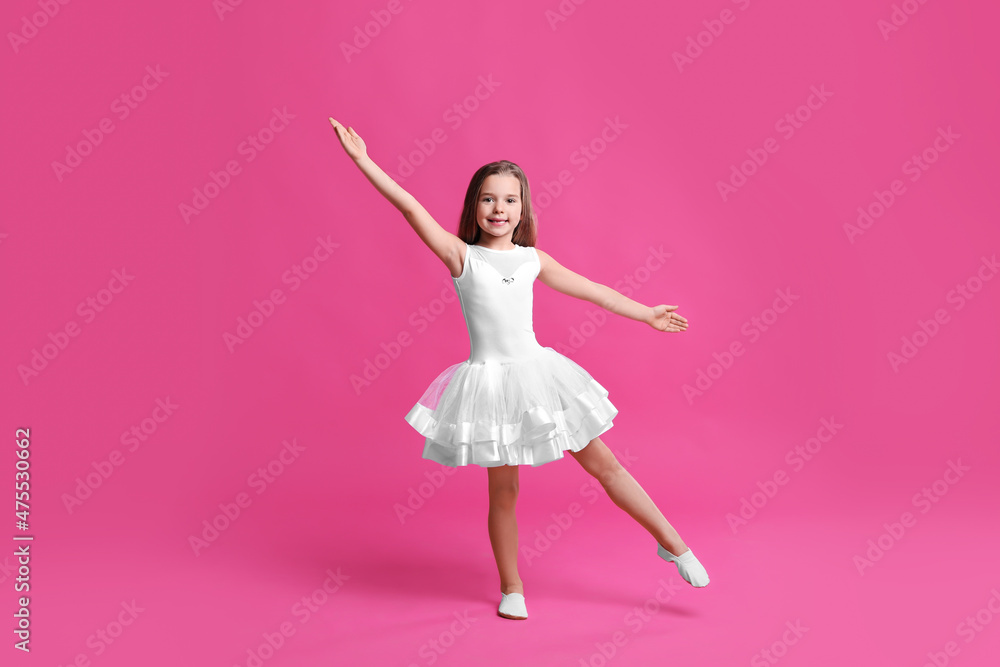 Sticker Cute little girl in white dress dancing on pink background