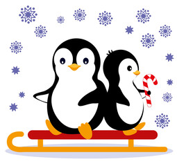 Funny penguins ride on a sleigh and eat Christmas lollipops with snowflakes. Vector illustration