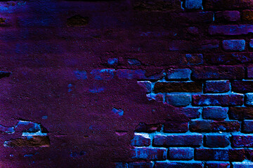 Brick neon wall. Dark blue night light. Abstract bar neon texture. Celebratory night view, neon...
