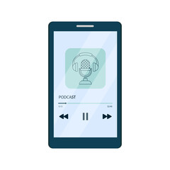 Podcast concept. Smartphone with an application for listening to podcasts on the screen. Vector illustration in flat cartoon style.