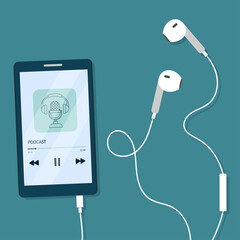 Podcast on mobile phone screen with headset. Vector illustration in flat cartoon style.