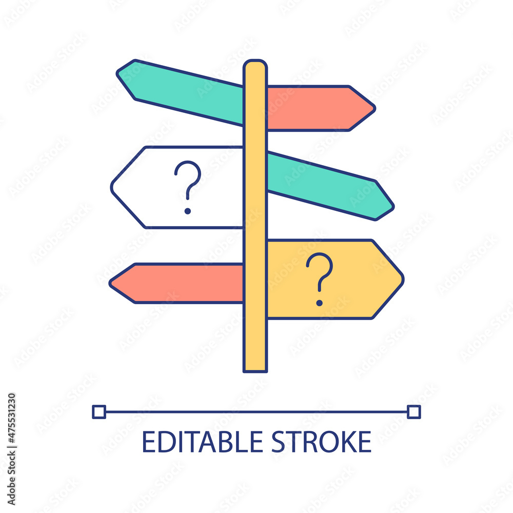 Poster choosing right direction rgb color icon. guide boards with question marks. select ways for searching