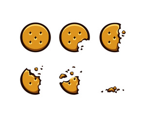 Six-Step Bitten Round Cracker Cookies. Biscuits broken with crumbs. Isolated on white background. Vector cartoon illustration.