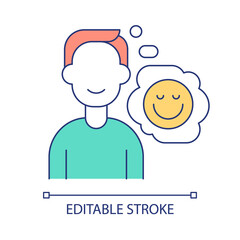 Positive thinking RGB color icon. Man and smiling face. Healthy mental state and life balance. Isolated vector illustration. Simple filled line drawing. Editable stroke. Arial font used