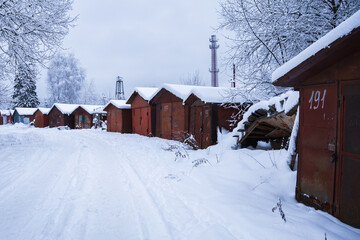 Old garages on a winter day