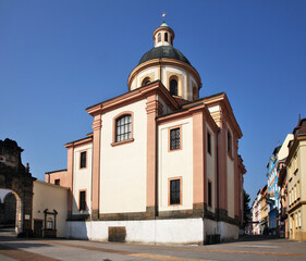 Church of Holy Cross and Krizova street in Decin. Czech Republic