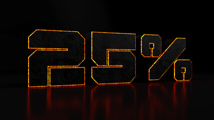 Digital outline of a orange 25% sign on a black background