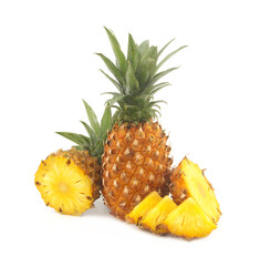Fresh ripe pineapple fruit and pineapple fruit slices isolated on white background. 