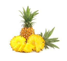 Whole pineapple fruit and pineapple fruit slices isolated on white background. 