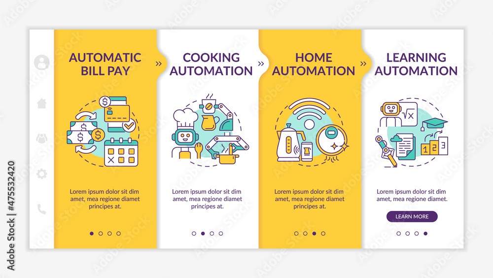 Poster everyday life automation yellow and white onboarding template. responsive mobile website with linear