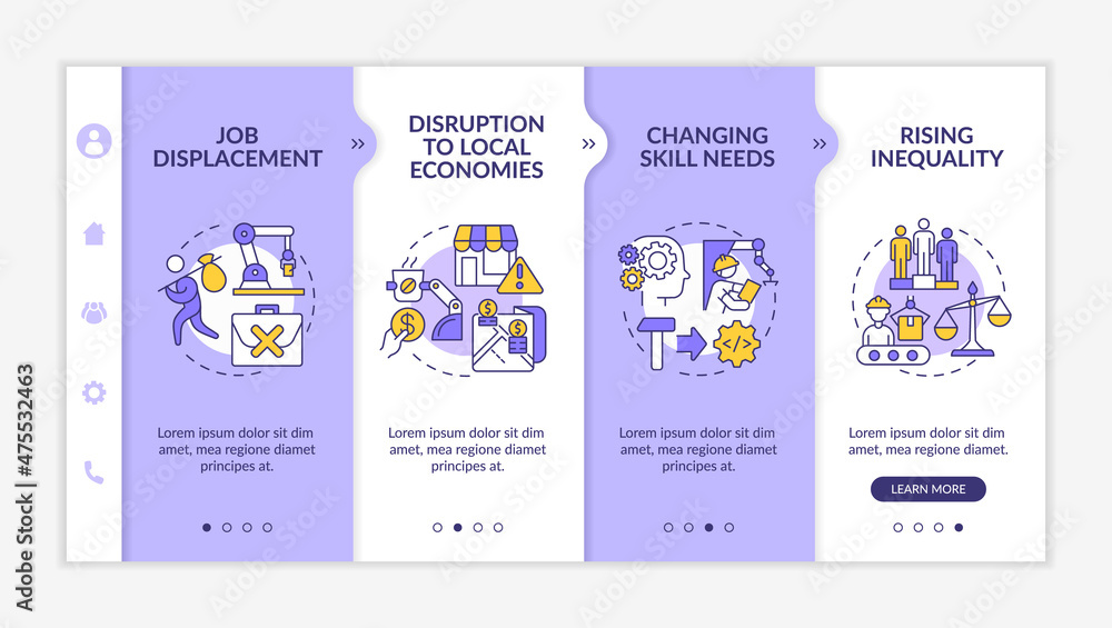 Poster negative automation impact on society white and purple onboarding template. responsive mobile websit