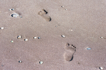 Footsteps on the beach at sea. footprint on sand at the beach background.
