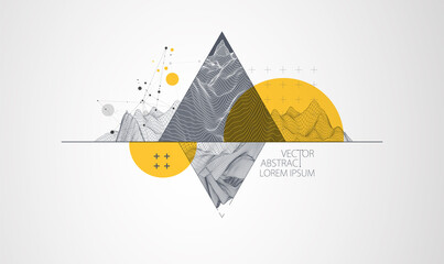 Scientific and technical image of the mountains. Abstract wireframe surface background inside a triangle.