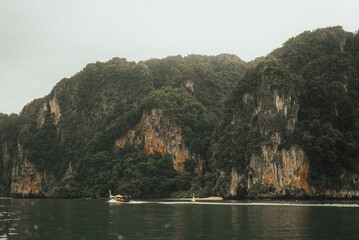 18 Dec 2021; Krabi Thailand:Beautiful marine landscape with boats at sea, holidays and travel.